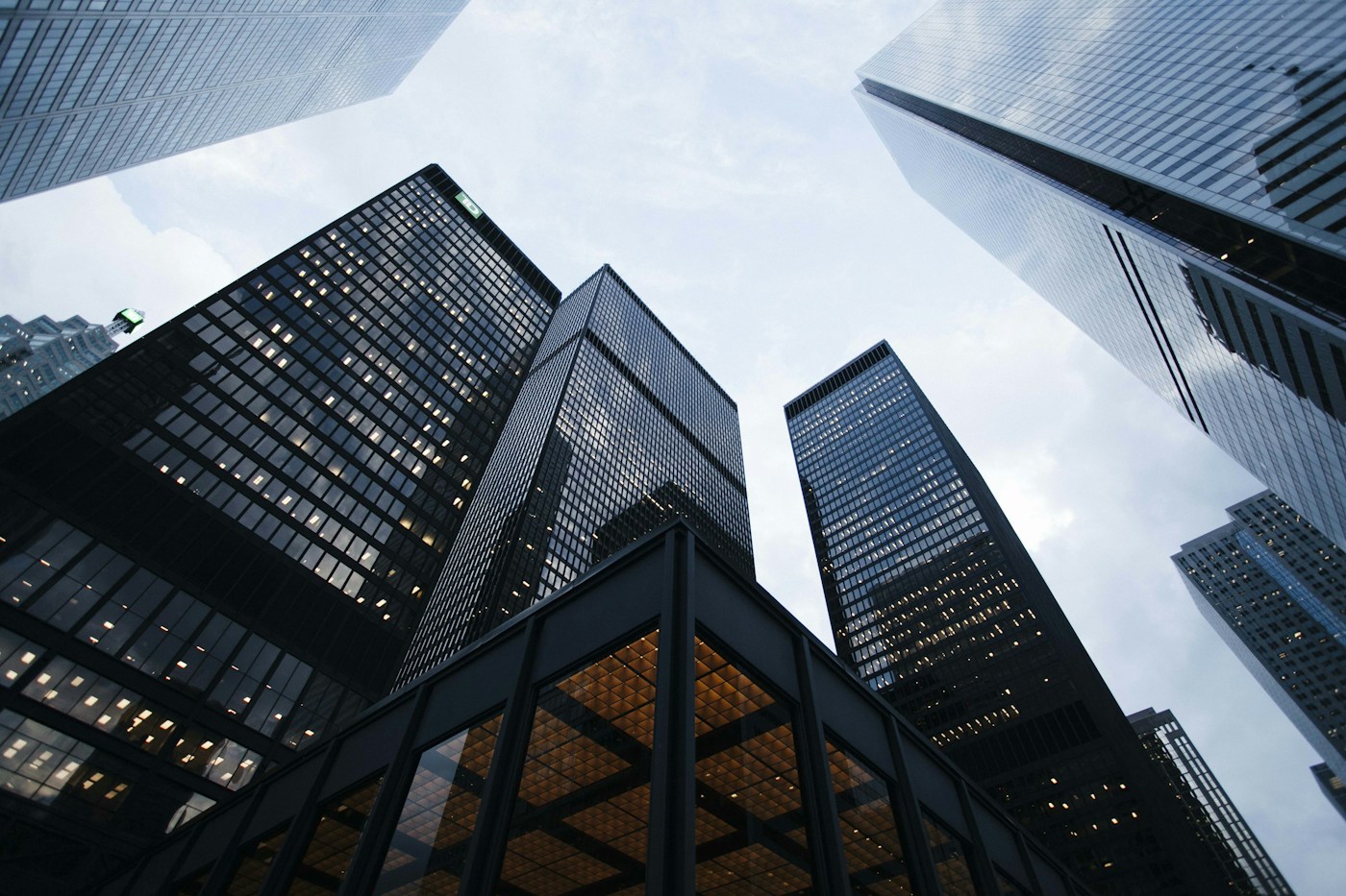 Modern city buildings viewed from street level; illustrative stock photograph
