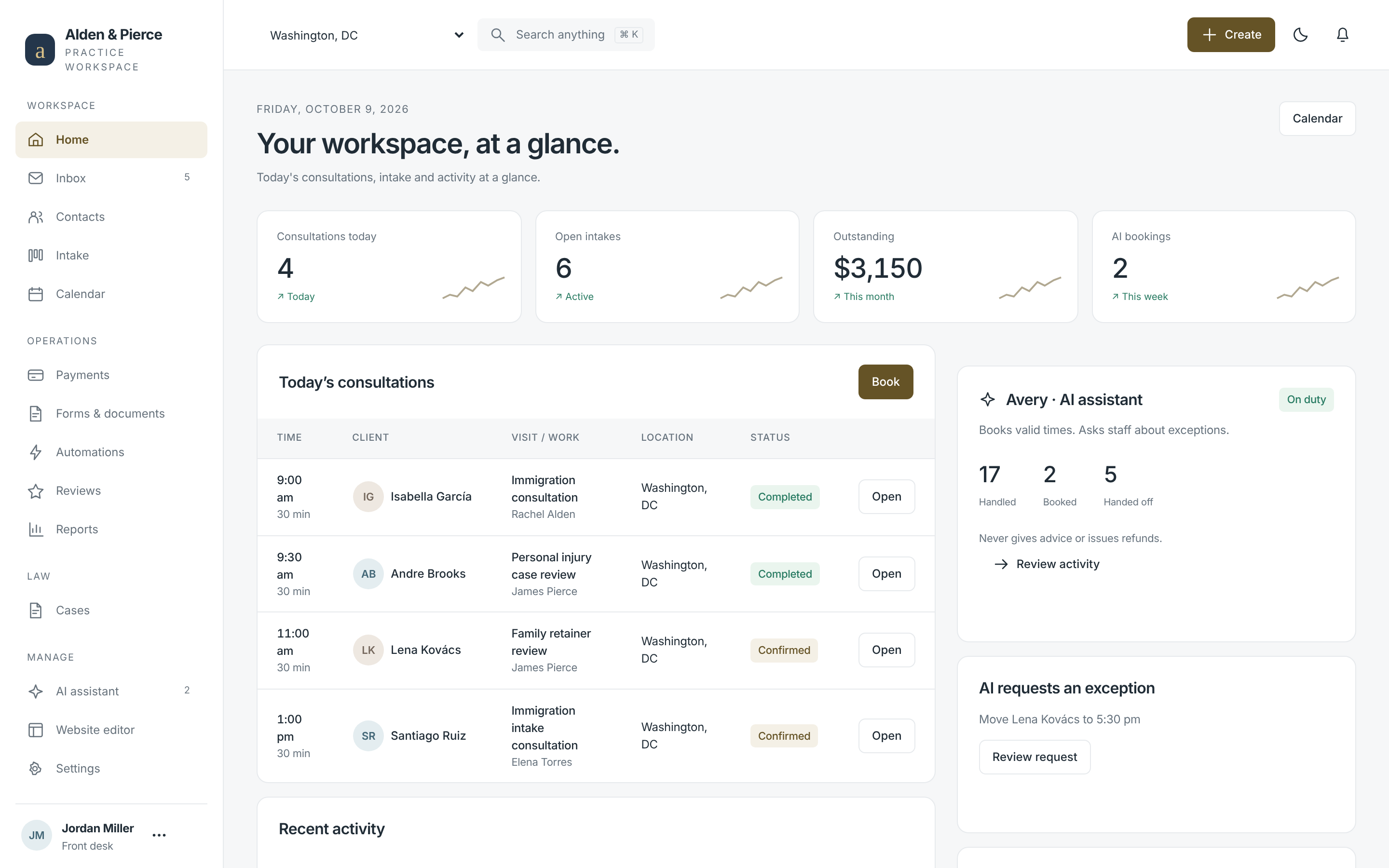 Marez portal dashboard for a law firm — consultations, intakes and payments