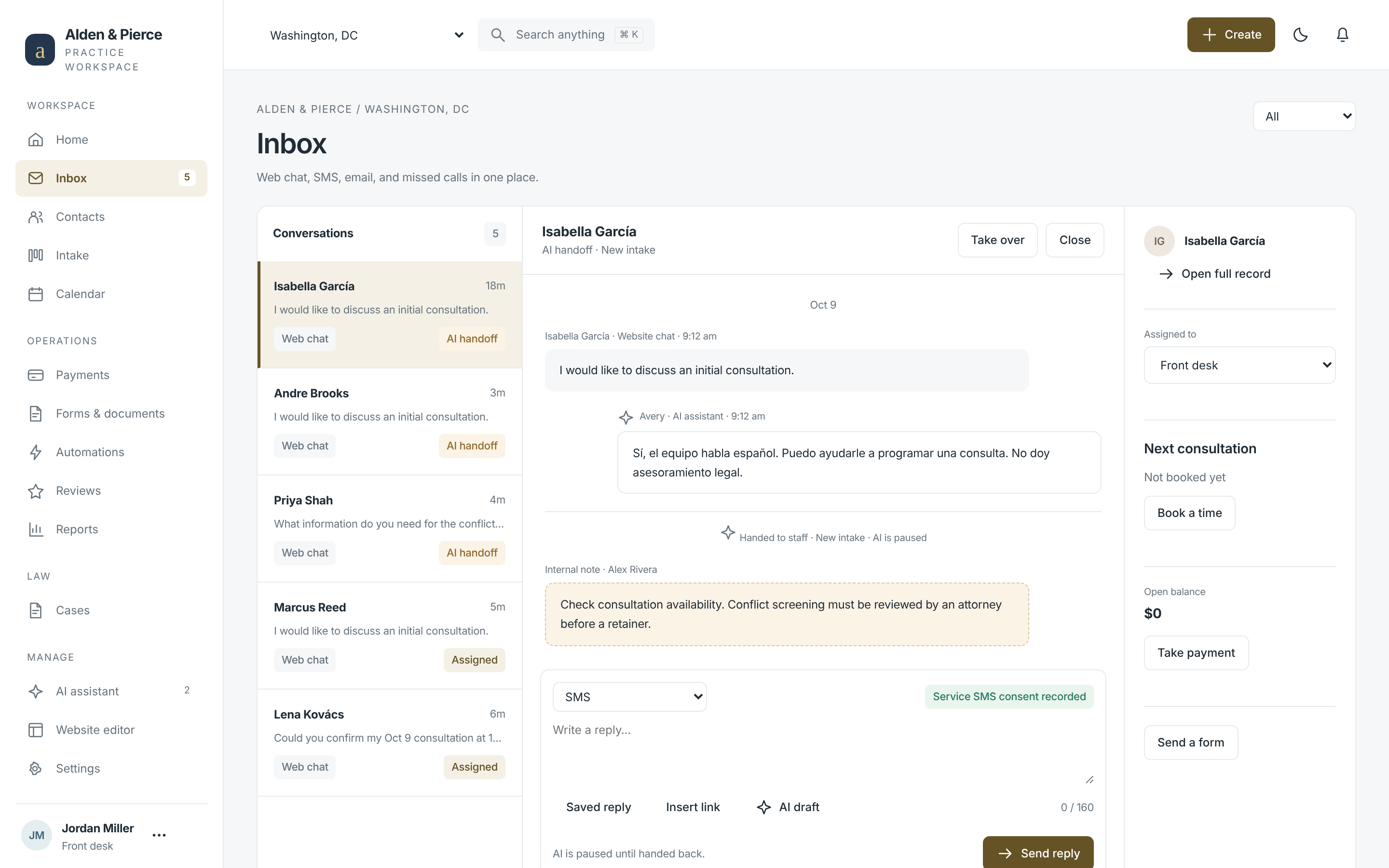 Marez portal inbox — web chat answered by the AI assistant and handed to staff