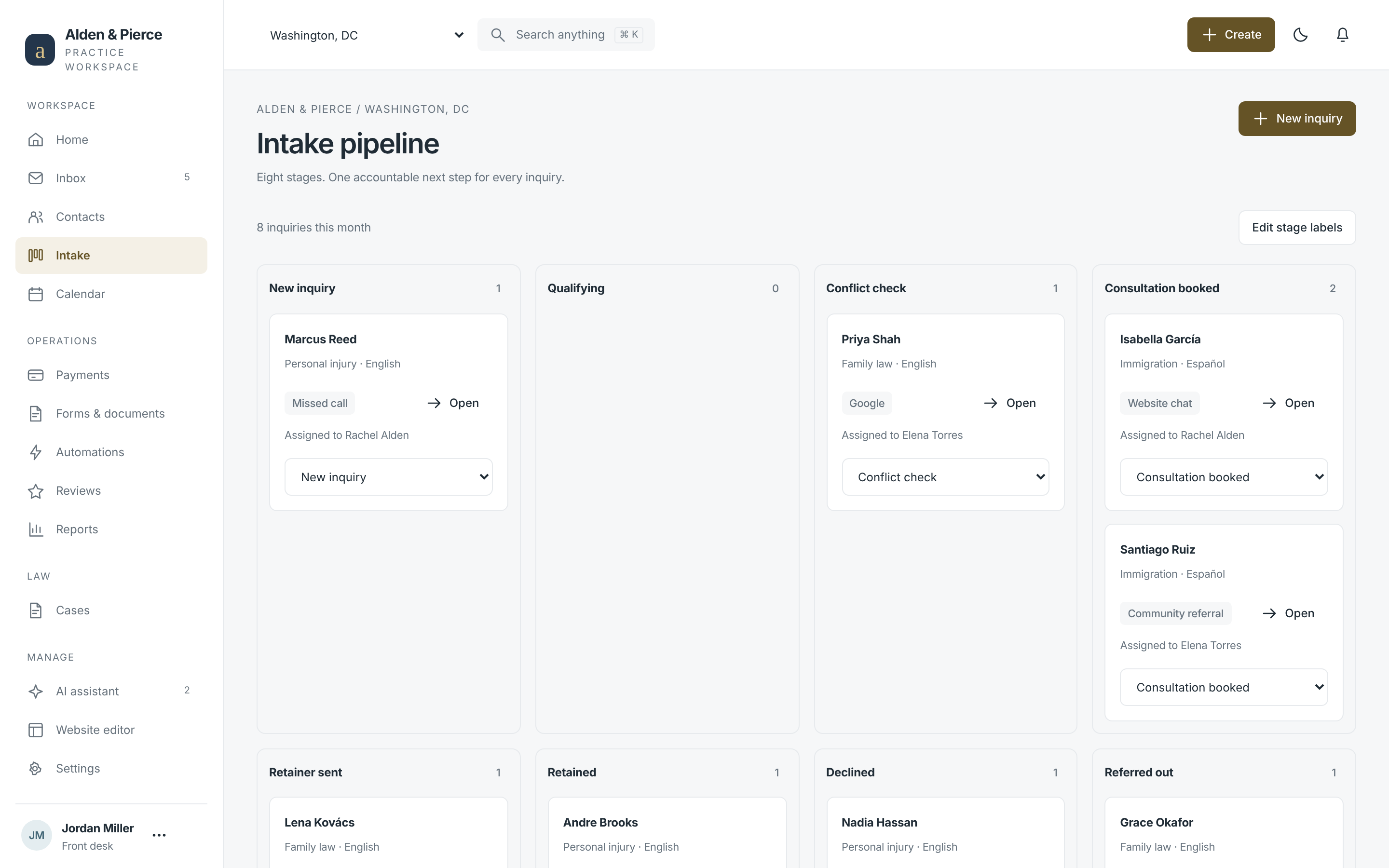 Marez portal intake pipeline — inquiries tracked from first contact to retainer