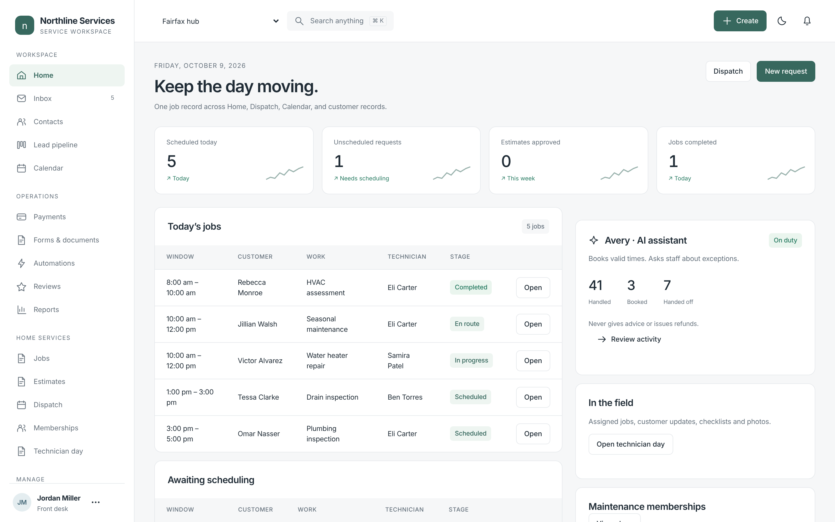 Marez business portal dashboard with jobs, schedule and customer tools