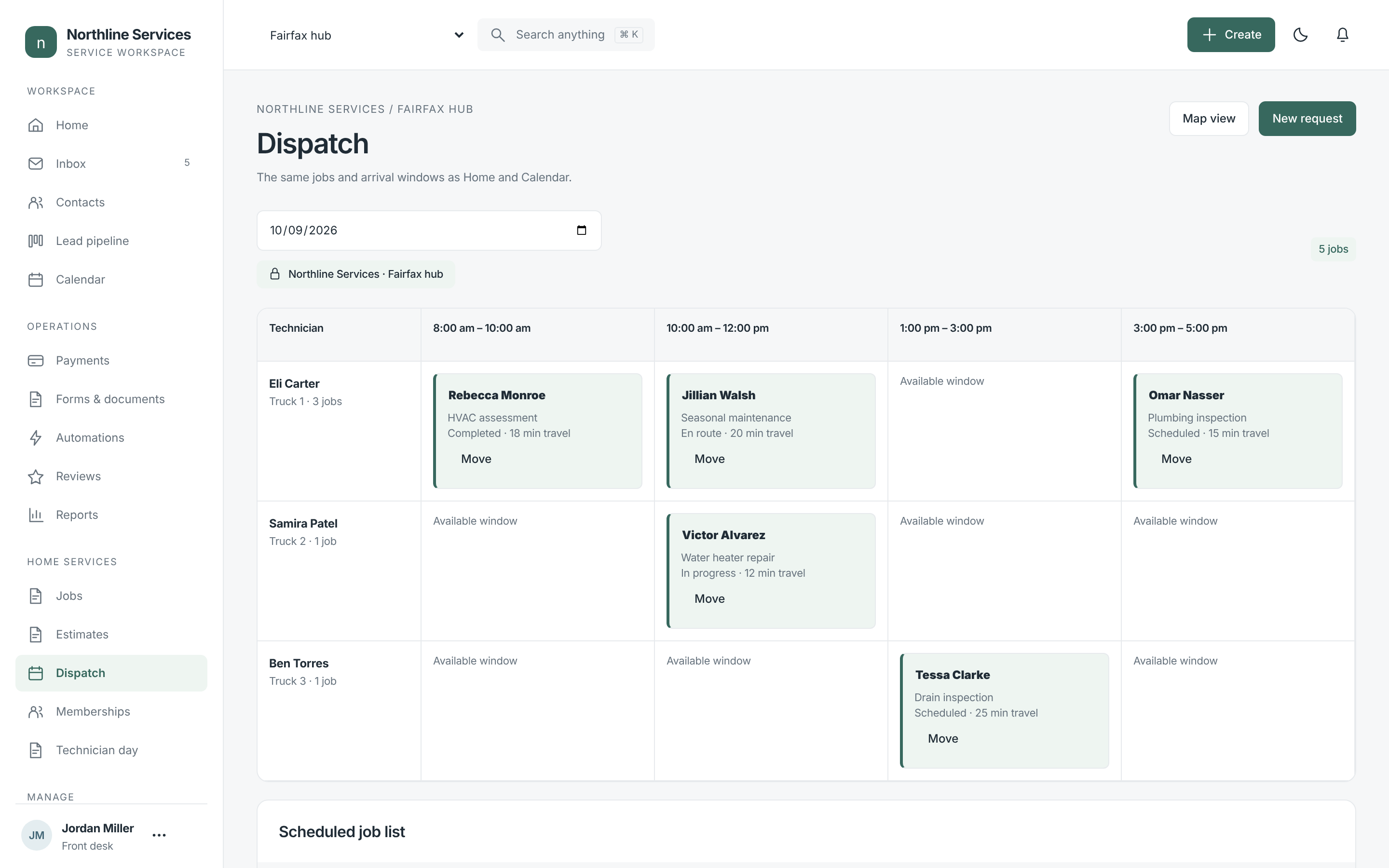 Marez portal dispatch board — technicians and arrival windows