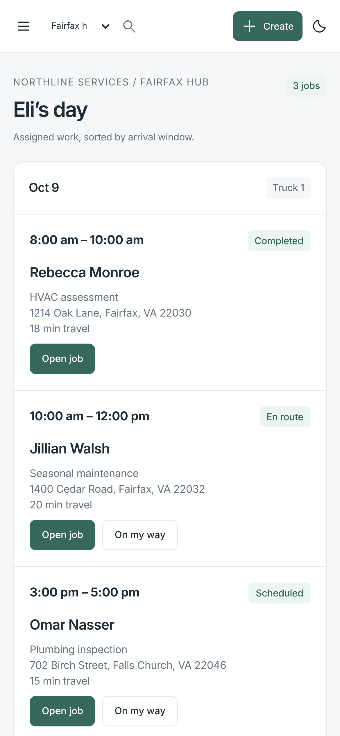 Marez portal on a phone — a technician's assigned jobs for the day