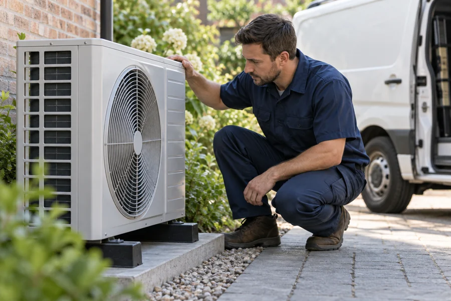 Illustrative technician inspecting an outdoor heat pump beside a service van
