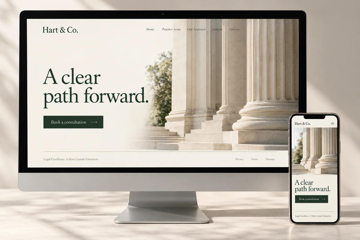Custom Hart and Co law firm website presented on a desktop screen and phone